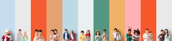 Collage Glücklicher Brüder Und Schwestern Auf Farbigem Hintergrund — Stockfoto
