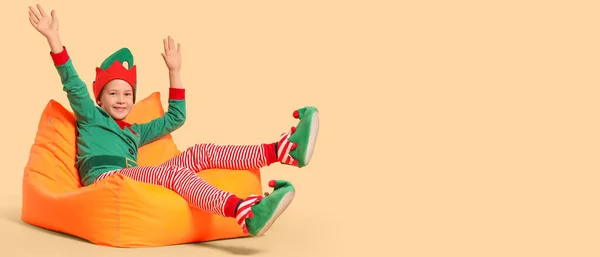 Little Boy Costume Elf Beige Background Space Text — Stock Photo, Image