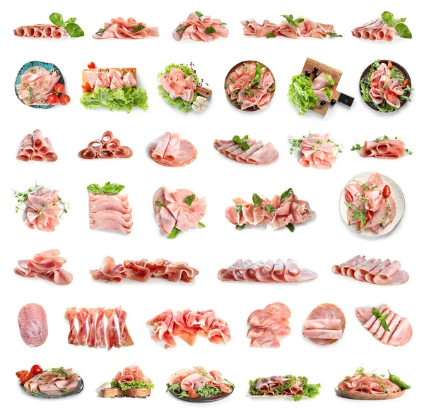 Set Smakelijke Ham Geïsoleerd Wit — Stockfoto