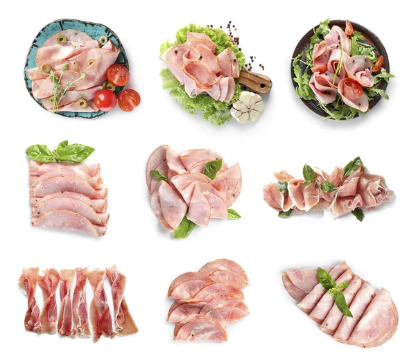 Set Tasty Ham Isolated White — Stock Photo, Image