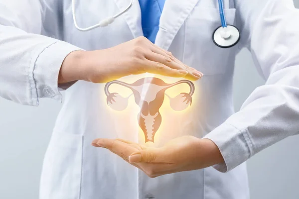 Gynekolog Och Kvinnliga Reproduktiva Organ Virtuell Skärm Närbild — Stockfoto