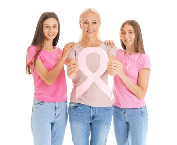 Hermosas Mujeres Con Cintas Conciencia Rosa Sobre Fondo Blanco Concepto — Foto de Stock