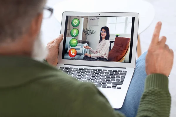 Male Psychologist Video Chatting Patient Home Closeup — Stock Photo, Image