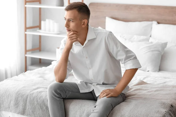 Thoughtful Young Man Sitting Bed Home — Stock Photo, Image
