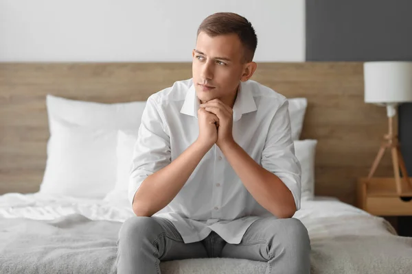 Thoughtful Young Man Sitting Bed Home — Stock Photo, Image