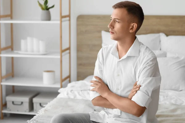 Thoughtful Young Man Sitting Bed Home — Stock Photo, Image