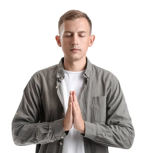 Young Man Meditating White Background — Stock Photo, Image