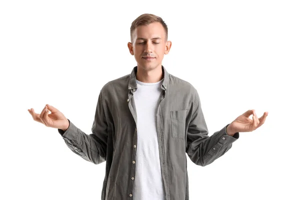 Young Man Meditating White Background — Stock Photo, Image