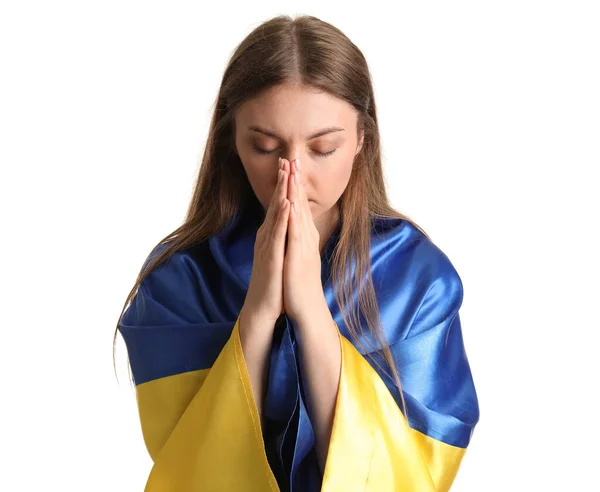 Young Woman Ukrainian Flag Praying White Background Closeup — Stock Photo, Image