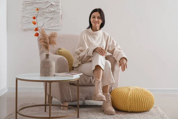 Young Woman Sitting Beige Armchair Home — Stock Photo, Image