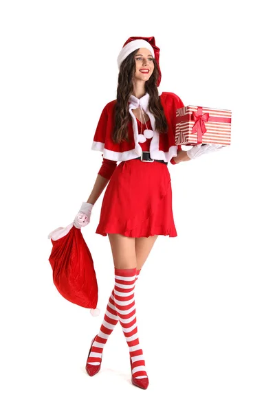 Belle Femme Costume Père Noël Avec Sac Cadeaux Sur Fond — Photo