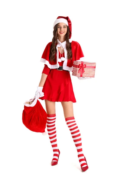 Belle Femme Costume Père Noël Avec Sac Cadeaux Sur Fond — Photo