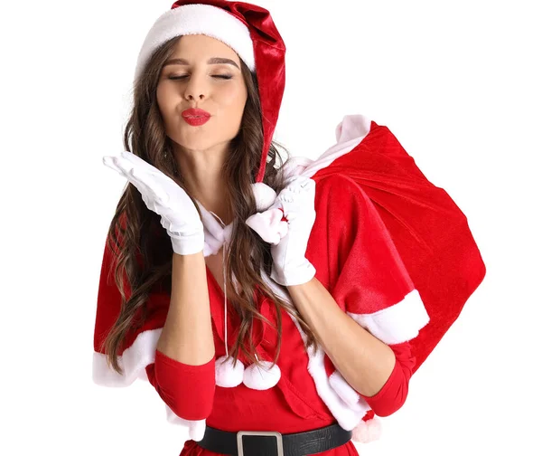 Beautiful Woman Santa Costume Bag Gifts Blowing Kiss White Background — Stock Photo, Image