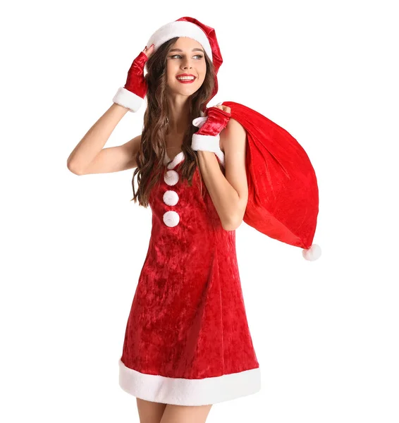 Mulher Bonita Traje Santa Com Saco Presentes Fundo Branco — Fotografia de Stock