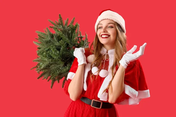 Kırmızı Arka Planda Noel Ağacı Olan Noel Baba Kostümlü Güzel — Stok fotoğraf