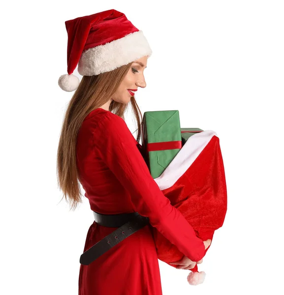 Beautiful Young Woman Santa Hat Bag Gifts White Background — Stock Photo, Image