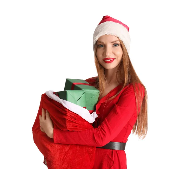 Beautiful Young Woman Santa Hat Bag Gifts White Background — Stock Photo, Image
