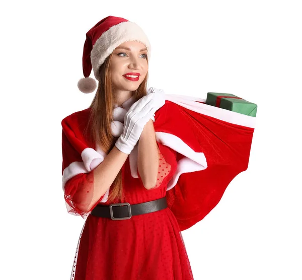 Schöne Junge Frau Weihnachtsmannkostüm Mit Geschenktüte Auf Weißem Hintergrund — Stockfoto