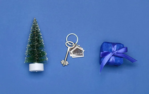 Key from new house, Christmas tree and fir tree on blue background