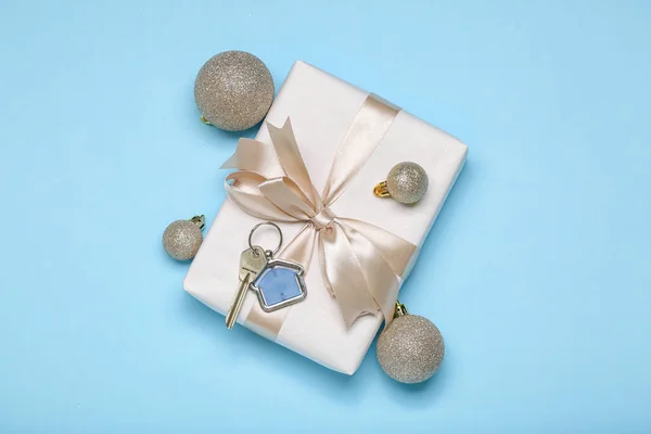Key New House Gift Christmas Balls Blue Background — Stock Photo, Image