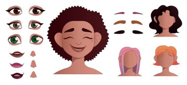 Beyaz arka planda farklı kafa parçaları olan kadın yüz yapısı