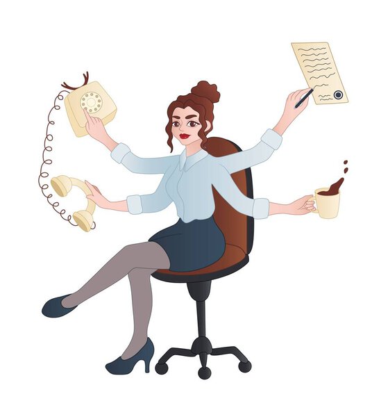 Женщина секретарь с большим количеством работы сидит на офисном стуле на белом фоне