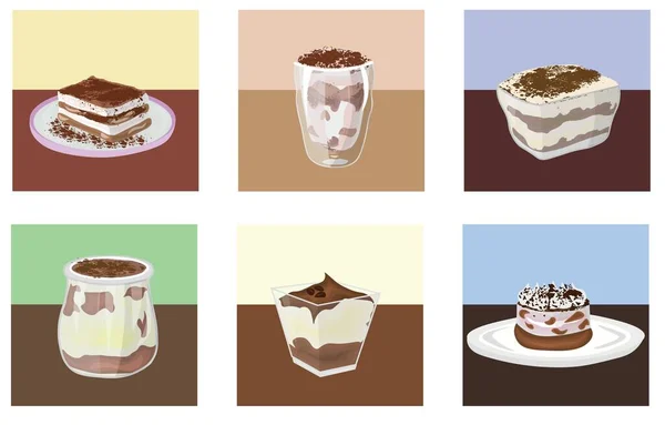 Conjunto Postre Tiramisú Dulce Sobre Fondo Blanco — Vector de stock