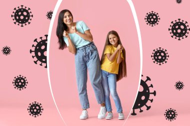 Mutlu dansçı kadın ve kızı pembe arka planda. Güçlü bağışıklık kavramı