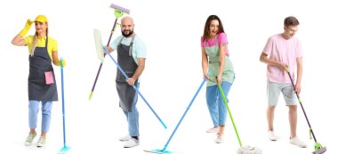 Beyaz arka planda paspası olan mutlu insanların kolajı