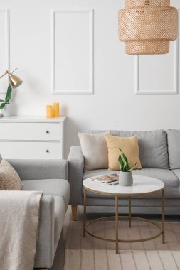 Gri kanepeleri ve masası olan aydınlık oturma odasının içinde.