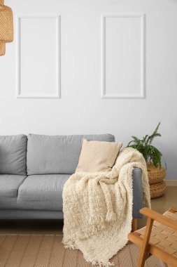 Yastıklı ve ekoseli gri kanepe.