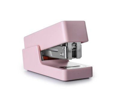 Modern pink stapler on white background