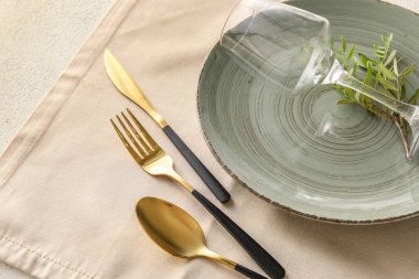 Elegant table setting with plate, cutlery, glass and plant branch on light background