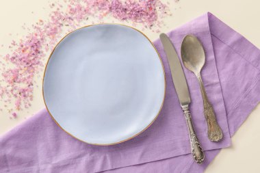 Masa ayarı ve açık arkaplanda dağınık deniz tuzu