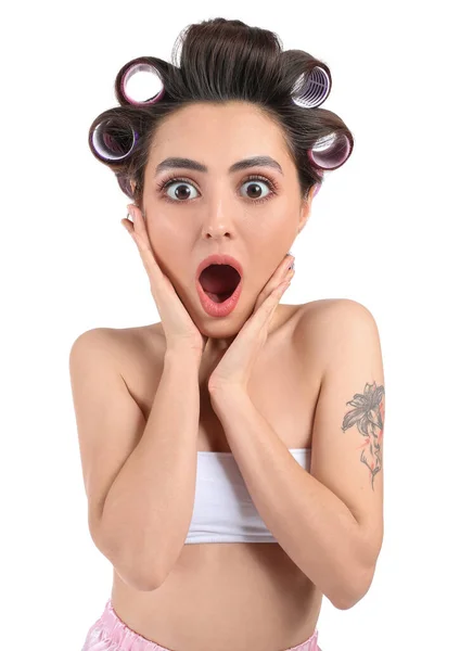 Funny Surprised Young Woman Big Head Hair Curlers White Background — Stock Photo, Image