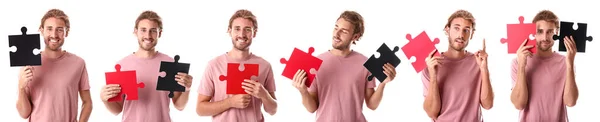 Conjunto Homem Com Peças Quebra Cabeça Fundo Branco — Fotografia de Stock