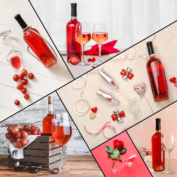 Collage of delicious pink wine in bottles with glasses and candies