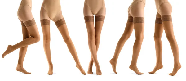 Viele Beine Schöner Junger Frauen Beigen Strümpfen Isoliert Auf Weiß — Stockfoto