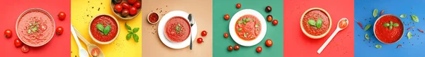 Collage Cuencos Con Sabrosa Sopa Tomate Sobre Fondo Color Vista —  Fotos de Stock