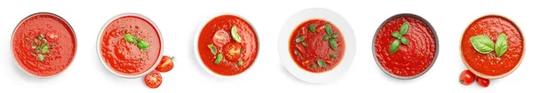 Collage Van Kommen Met Lekkere Tomatensoep Witte Achtergrond — Stockfoto