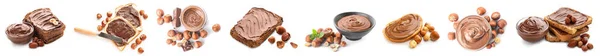 Set Chocoladepasta Met Hazelnoten Stukjes Brood Witte Achtergrond — Stockfoto
