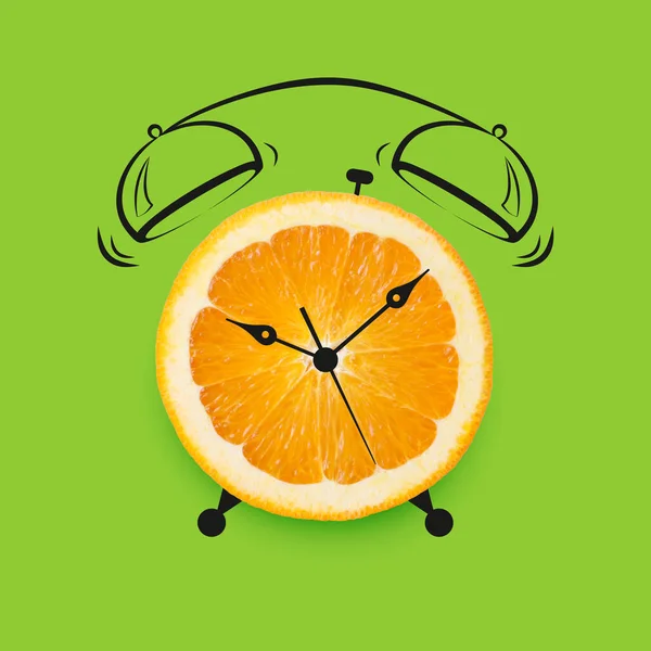 Fresh Orange Fruit Drawn Alarm Clock Green Background — Stock Photo, Image