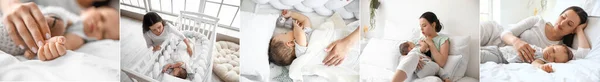 Collage Einer Jungen Mutter Mit Ihrem Kleinen Baby Schlafzimmer — Stockfoto