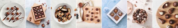 Collage Köstlicher Schokoladenbonbons Auf Hellem Hintergrund — Stockfoto