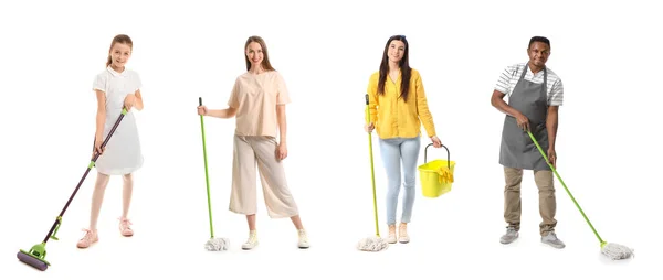 Collage Different People Mops White Background — Stock Photo, Image