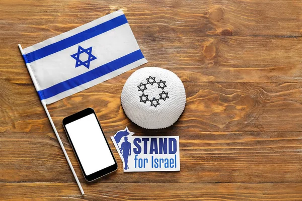 Kippah Bandera Israel Teléfono Móvil Tarjeta Con Texto Stand Israel — Foto de Stock