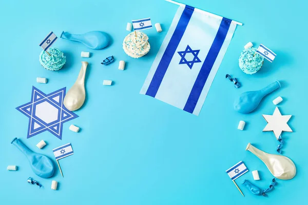 Composición Con Banderas Israel Decoración Festiva Sobre Fondo Color — Foto de Stock