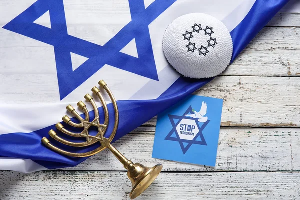 Menorah Kippah Bandera Israel Tarjeta Con Texto Parar Terrorismo Sobre — Foto de Stock