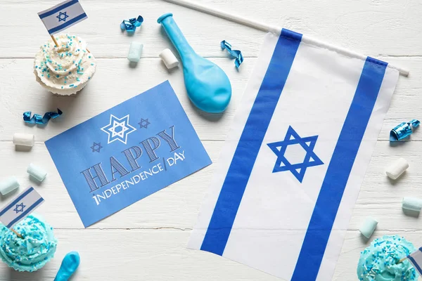 Flagge Von Israel Und Karte Mit Text Happy Independence Day — Stockfoto