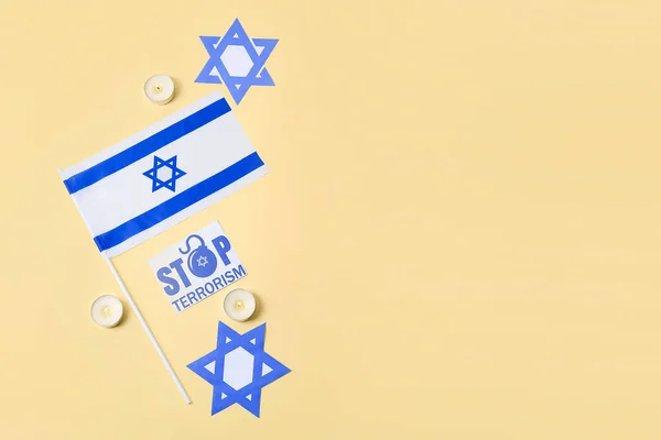 Velas Ardientes Bandera Israel Tarjeta Con Texto Parar Terrorismo Fondo — Foto de Stock
